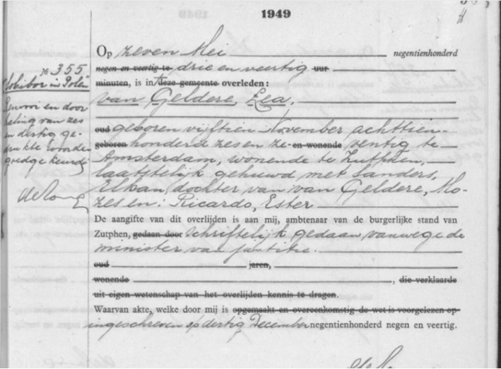 Lea van Geldere: document met aangifte van overlijden in Sobibor